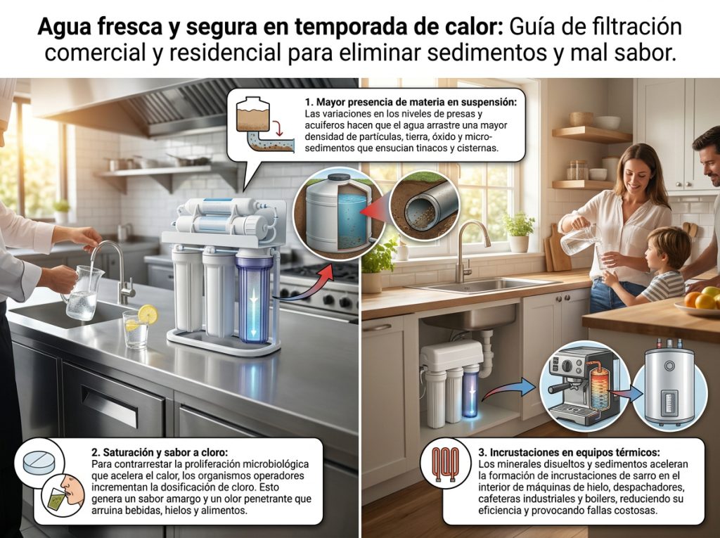 Agua fresca y segura en temporada de calor: Guía de filtración comercial y residencial para eliminar sedimentos y mal sabor