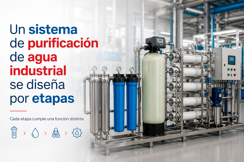 Un sistema de purificación de agua industrial se diseña por etapas